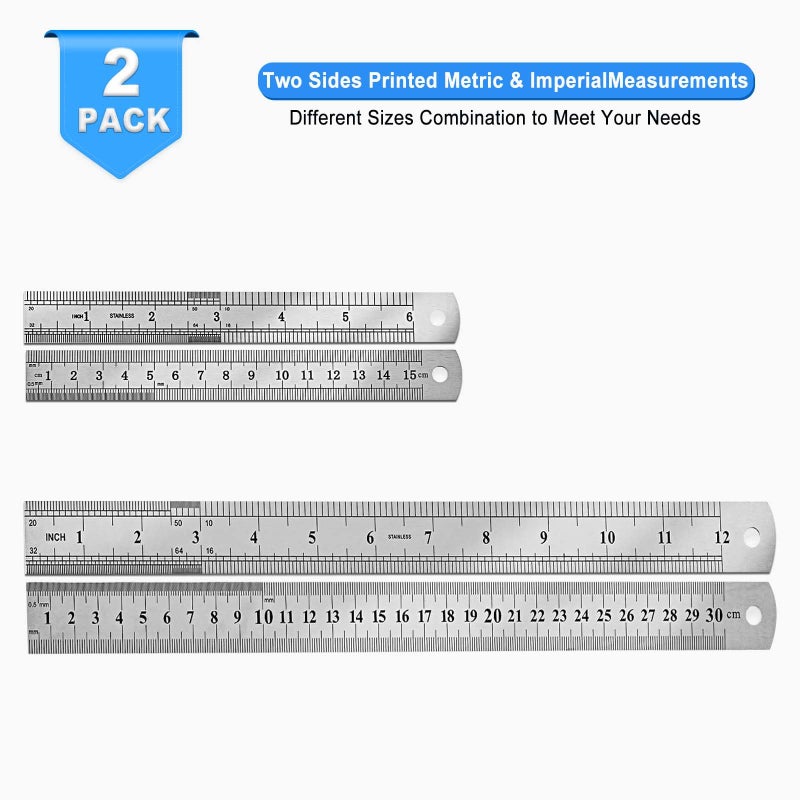 Yipinve 2 Pack Metal Ruler, Double-Sided Scaleã€6,12inch/15,30cmã€‘ Steel Ruler Set for Architects, Home,Schoolï¼Œ Office, and Craft - Image 2